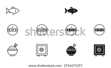 Icon set featuring fish, media players, food, and security deposit boxes