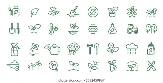 Icon Set Featuring Illustrations for Sowing Seeds, Farming, and Plant Growth. Perfect for Agriculture and Gardening Themes, with Vector Editable Outline Strokes for Easy Customization.