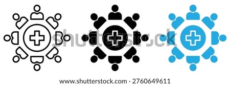 Icon set featuring medical team collaboration symbols in black and blue, ideal for healthcare and medical design projects.