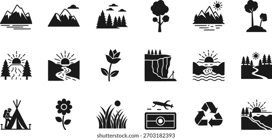 Icon set featuring nature, mountains, and outdoor activities isolated on transparent background