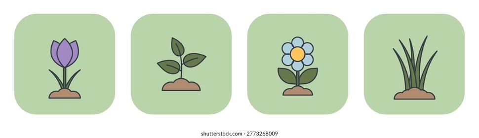 Icon set featuring purple crocus, green sprout, daisy, and grass. Hand drawn original vector illustrations for spring design