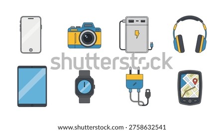 An icon set featuring a range of electronic devices and accessories on a white background.