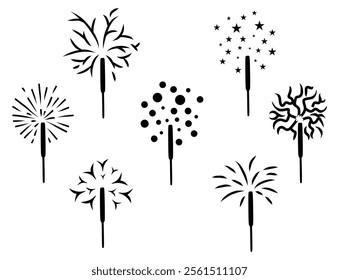 An icon set featuring sparkling fireworks in a monochrome style. Each icon displays minimalistic and clean designs, focusing on simple bursts, radiating lines, and dynamic spark patterns.