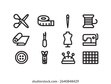 Icon set featuring tools and accessories for sewing including fabric scissors measuring tape and a sewing machine ideal for tailoring and crafting projects