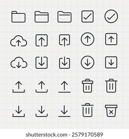 Icon set featuring upload, download, and trash symbols. Includes cloud, folder, and checkmark icons. Simple line design for digital interfaces. User interface icons, UI icon vector set.