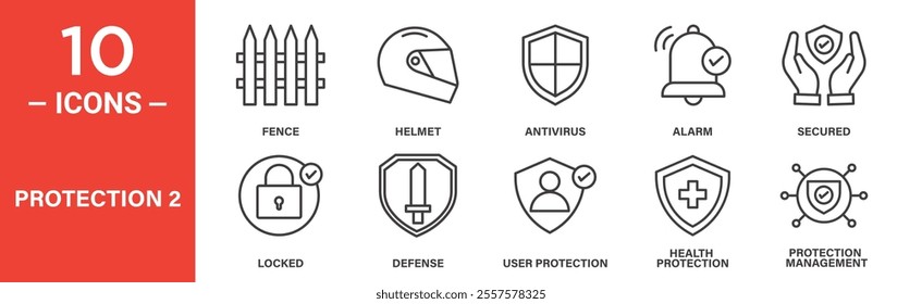 Icon set featuring various protection concepts including fences, helmets, antivirus shields, alarms, locks, and user and health protection with secure management visuals.