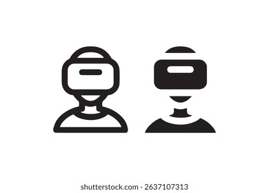 Icon set featuring vr headset user and eye symbol in black and white.