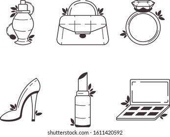 Icon set of female beauty accessories: perfume, women bag, diamond ring, stilettos, lipstick, eyeshadow palette.