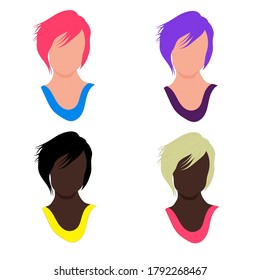 Conjunto de iconos. Las mujeres afrontan avatares elegantes. Mujeres americanas europeas y africanas de diferentes colores. Conjunto de cabezas aisladas de niñas en estilo plano
