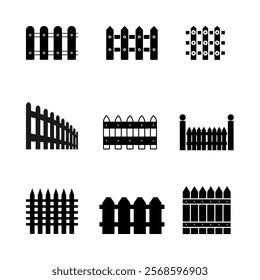 Icon set Fence flat glyph icons set. Wood fencing, metal profiled sheet, wire mesh, crowd control barricades vector illustrations. Black signs for protection store.