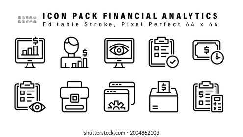 Icon Set of Financial Analysis Line Icons. Contains such Icons as Time Is Money, Monitoring, Business Case, Website Settings etc. Editable Stroke. 64 x 64 Pixel Perfect