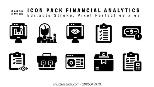 Icon Set of Financial Analytics Glyph Icons. Contains such Icons as Time Is Money, Monitoring, Business Case, Website Settings etc. Editable Stroke. 48x48 Pixel Perfect