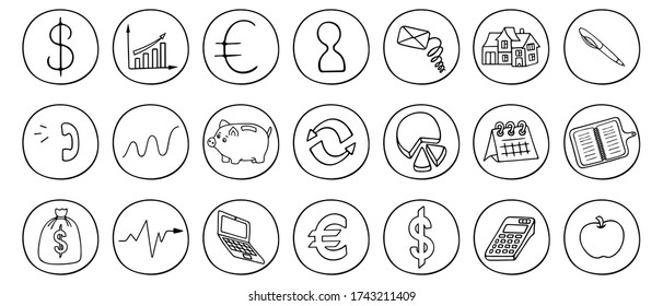 Icon set. Financial topics. Vector. Doodle style. Thumbnails. Outline on an isolated white background. Collection of elements in a circle. Composition of money symbols for menu, web design. Currency.
