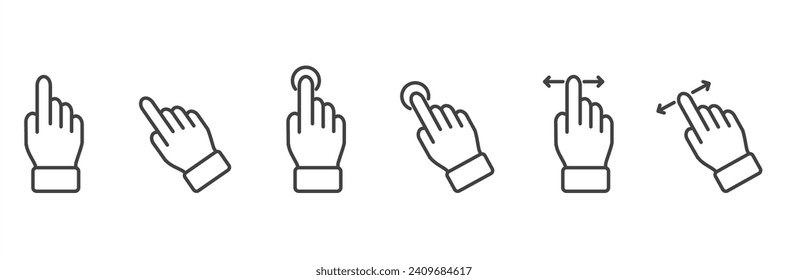Icon set of finger touch gesture related Vector illustration, Simple set of gesture line icons. Simple touch screen gesture pack. Stroke vector illustration on a transparent background. Modern outline