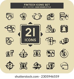 Icono Set Fintech. adecuado para el símbolo educativo. estilo dibujado a mano. diseño simple editable