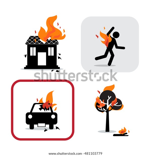 Icon set of\
fire burning , house, tree, car,\
man.