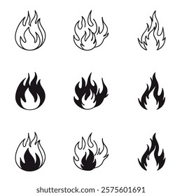 Icon Set of Fire Flame Silhouettes Illustration Isolated on White Background