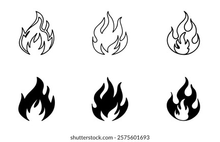 Icon Set of Fire Flame Silhouettes Illustration Isolated on White Background