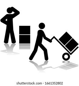 Icon set: first icon showing a man wondering how to carry boxes and second showing him using a hand truck