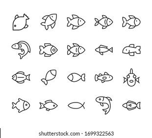 Icon set of fish. Editable vector pictograms isolated on a white background. Trendy outline symbols for mobile apps and website design. Premium pack of icons in trendy line style.