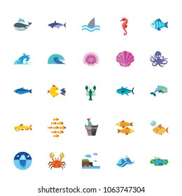 Icon set of fish, mollusks and arthropods. Sea life, marine life, ocean. Water animals concept. For topics like animals, nature, environment