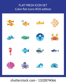 Icon set of fish, mollusks and arthropods. Sea life, marine life, ocean. Water animals concept. For topics like animals, nature, environment