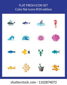Icon set of fish, mollusks and arthropods. Sea life, marine life, ocean. Water animals concept. For topics like animals, nature, environment