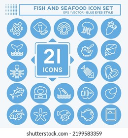 Icon Set Fish and Seafood. suitable for seafood symbol. blue eyes style. simple design editable. design template vector. simple illustration
