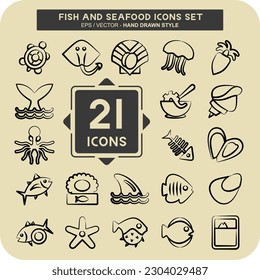 Icon Set Fish and Seafood. suitable for seafood symbol. hand drawn style. simple design editable