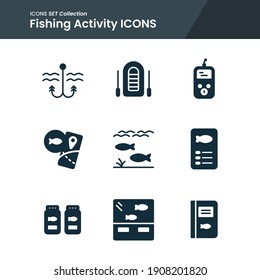 icon set of fishing activity anchor, fish, journal and many more. with solid style vector. suitable use for web app and pattern design.