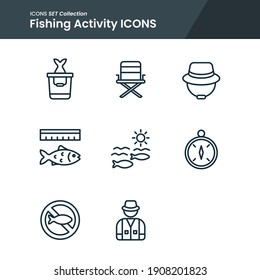 icon set of fishing activity fisherman, weather, compass and many more. with line style vector. suitable use for web app and pattern design.