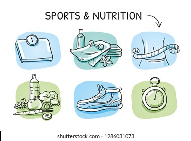 Icon set fitness, measuring tape, water, apple, running shoe, scales, stop watch and towels. Hand drawn cartoon sketch vector illustration, whiteboard marker style coloring. 