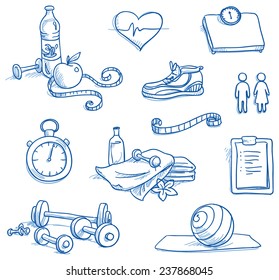 Icon set fitness, with weights, measuring tape, water, apple, running shoe, checklist, scales, stop watch, gymnastic ball, towels, heat. Hand drawn doodle vector illustration.