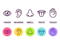 Symbolsatz Von Fünf Menschlichen Sinne: Sehvermögen (Auge), Geruch (Nase), Hörvermögen (Ohr), Berührung (Hand), Geschmack (Mund Mit Zunge). Einfache Zeilensymbole Und Farbkreise, Vektorgrafik.