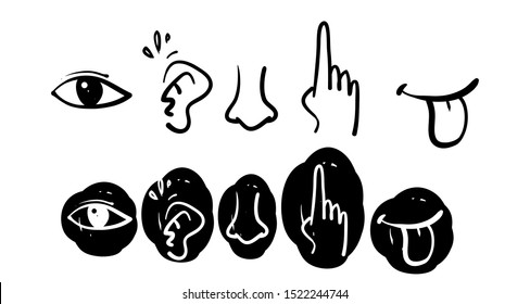 Icon Set Of Five Human Senses. Vision Eye, Smell Nose, Hearing Ear, Touch Hand, Taste Mouth With Tongue Doodle Style