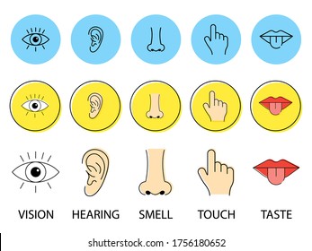 Icon set of five human senses. Vision eye, smell nose, hearing ear, touch hand, taste mouth with tongue . Vector illustration. Simple line icons.