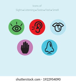 Icon set of five human senses: sight(eye), smell (nose), listening (ear), feel (hand), taste (mouth with tongue). Simple line icons and color circles, vector illustration.