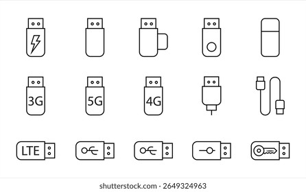 ícone definir flash disk USB. Definir modem 3g, 4g, 5g, lte, chave de segurança USB stick, cabo USB, tipo c porta vetor ícone com traço editável. ilustração vetorial
