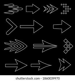 Icon Set of Flat Arrows. Isolated Arrow Icon Set Collection for Back and Next User Interface Icons. Different Shape Concept for Previous or Forward Minimal Web Buttons on Black Background