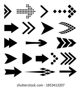 Icon Set of Flat Black Arrows. Isolated Arrow Icon Set Collection for Back and Next User Interface Icons. Different Shape Concept for Previous or Forward Minimal Web Buttons on White