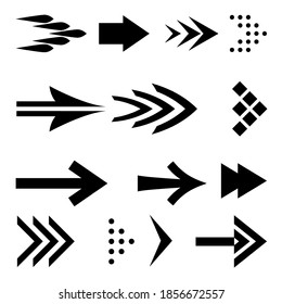 Juego de iconos de flechas negras planas. Colección de conjunto de iconos de flecha aislada para iconos de interfaz de usuario posterior y siguiente. Concepto de forma diferente para botones Web mínimos anteriores o posteriores en el fondo blanco