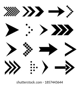 Juego de iconos de flechas negras planas. Colección de iconos de flecha aislada para iconos de interfaz de usuario posterior y siguiente. Deshacer y rehacer la colección. Concepto de forma diferente para botones Web mínimos anteriores o posteriores