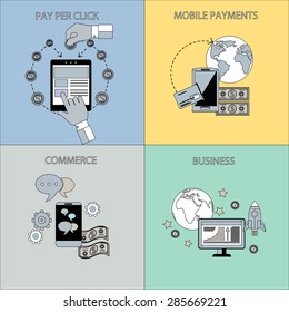 Icon set in flat design of business start up, commerce, mobile payment and pay per click concepts. Globe with smartphone, monitor and money in stroke icons. For web site construction, banners