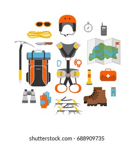 Icon set flat design of modern of climbing and equipment for hiking isolated. Outfit for mountaineering and items for traveling and recreation. For web sites, applications and printing, vector