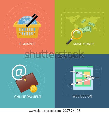 Icon set in flat design of web design, commerce, mobile payment and e-market concepts