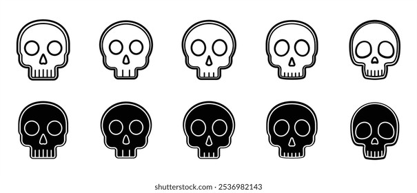 Conjunto de iconos de cráneo de cabeza plana. Iconos de esqueleto de dibujos animados. Icono de cráneo humano, icono de cabeza de cráneo de dibujos animados. Ilustración vectorial del icono de la cabeza del cráneo en fondo transparente. 