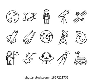 Icon set of flat space symbols. Pictogram for web. Line stroke. Isolated on white background. Vector eps10