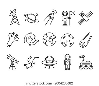 Icon set of flat space symbols. Pictogram for web. Line stroke. Isolated on white background. Vector eps10