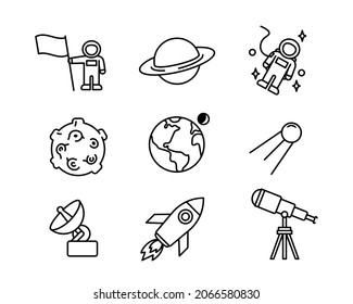 Icon set of flat space symbols. Pictogram for web. Line stroke. Isolated discovery icons on white background. Vector eps10. Space rover and same equipment