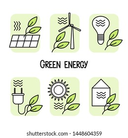 Icon set, flat style, ecology, wind and sun energy, wind turbine, solar battery, green color, vector illustration